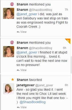 My post-event twitter conversation with the lovely Sharon from Shazza's Book Blog